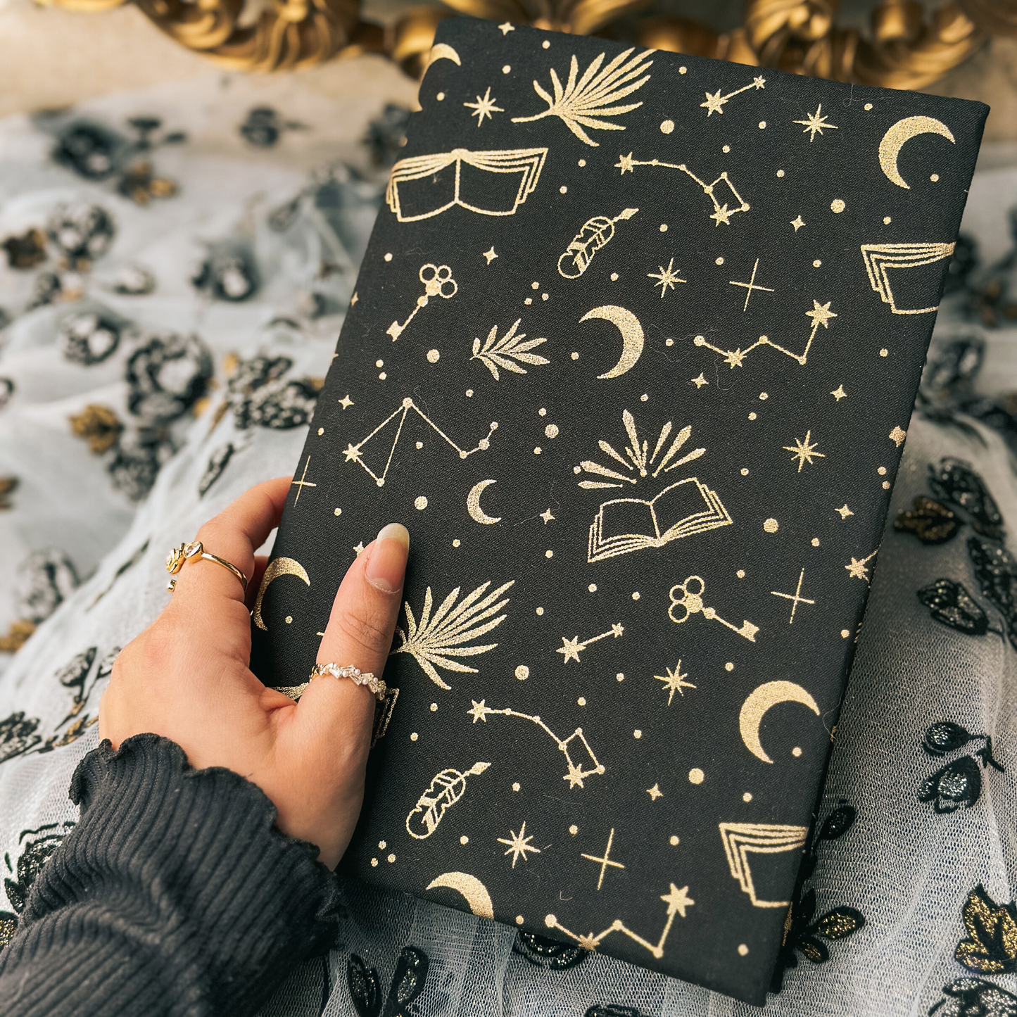 Reading is Magic in Midnight fabric dust jacket (book cover) *gold foil*