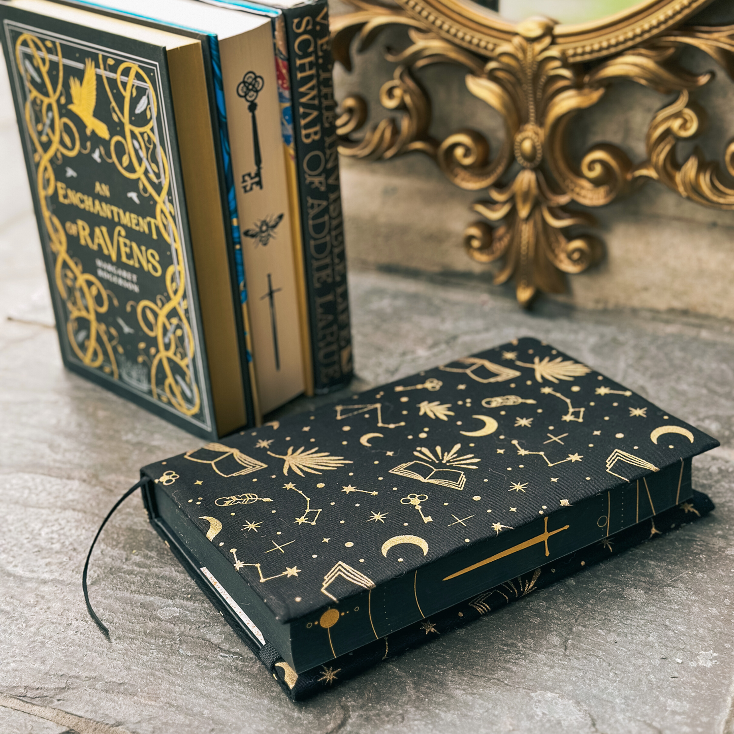 Reading is Magic in Midnight fabric dust jacket (book cover) *gold foil*