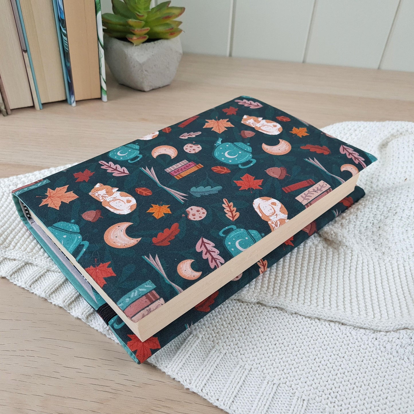Cozy reads in forest with cats fabric dust jacket book cover