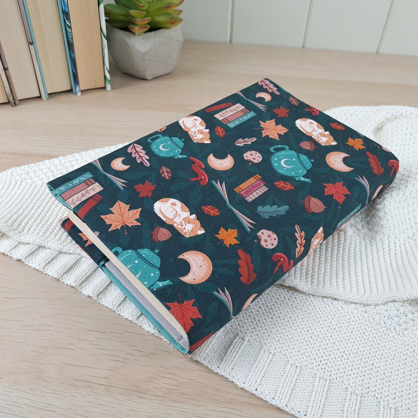 Cozy reads in forest with cats fabric dust jacket book cover