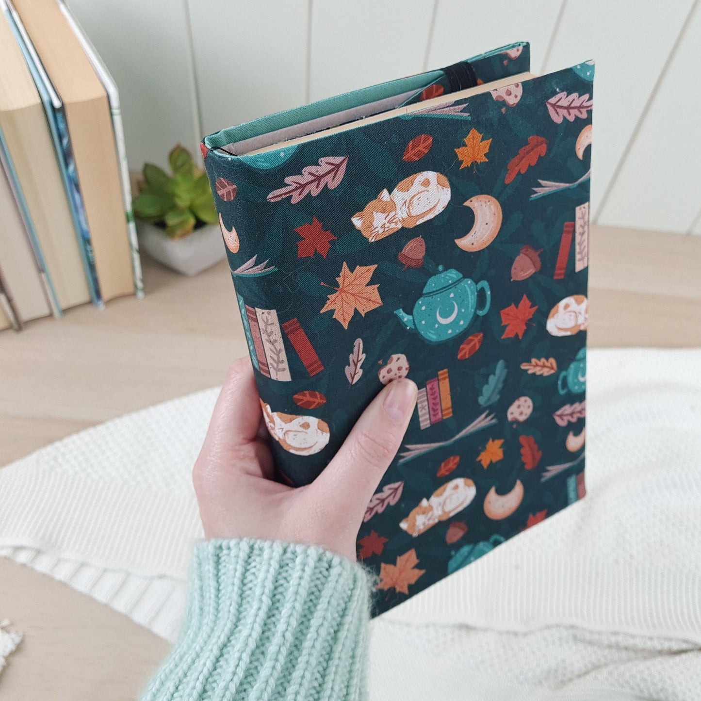 Cozy reads in forest with cats fabric dust jacket book cover