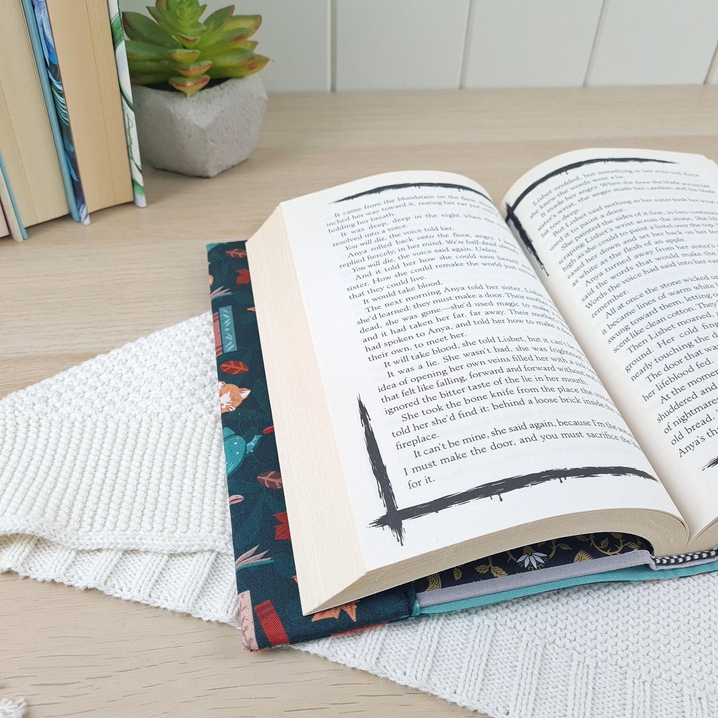 Cozy reads in forest with cats fabric dust jacket book cover