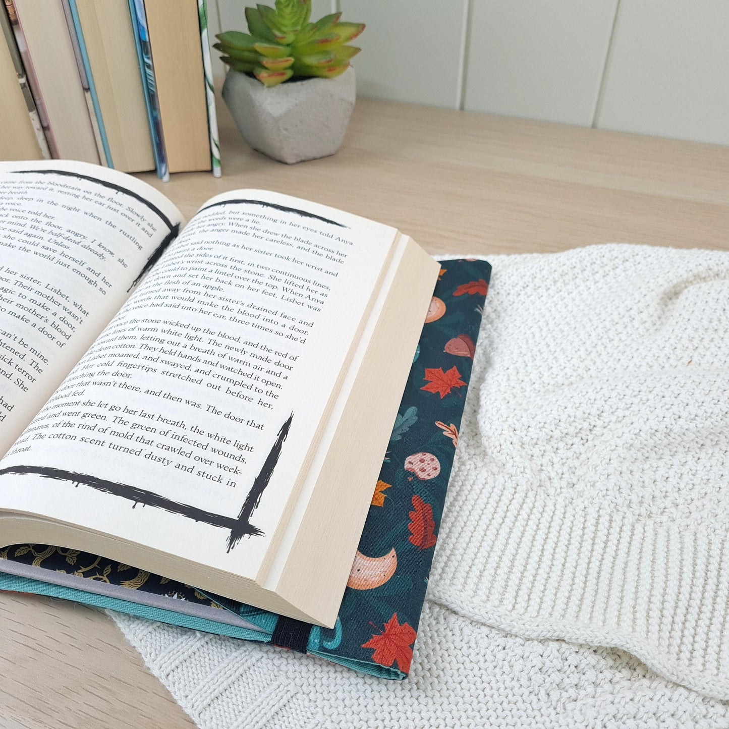 Cozy reads in forest with cats fabric dust jacket book cover