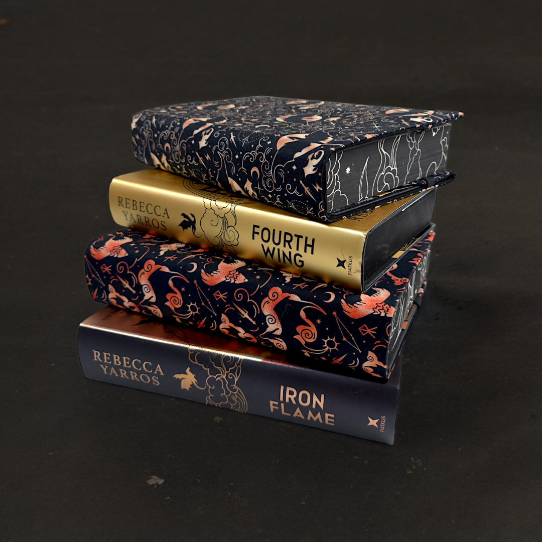 Book stack with Fourth Wing and Iron Flame (Rebecca Yarros) books and matching fabric dust jackets