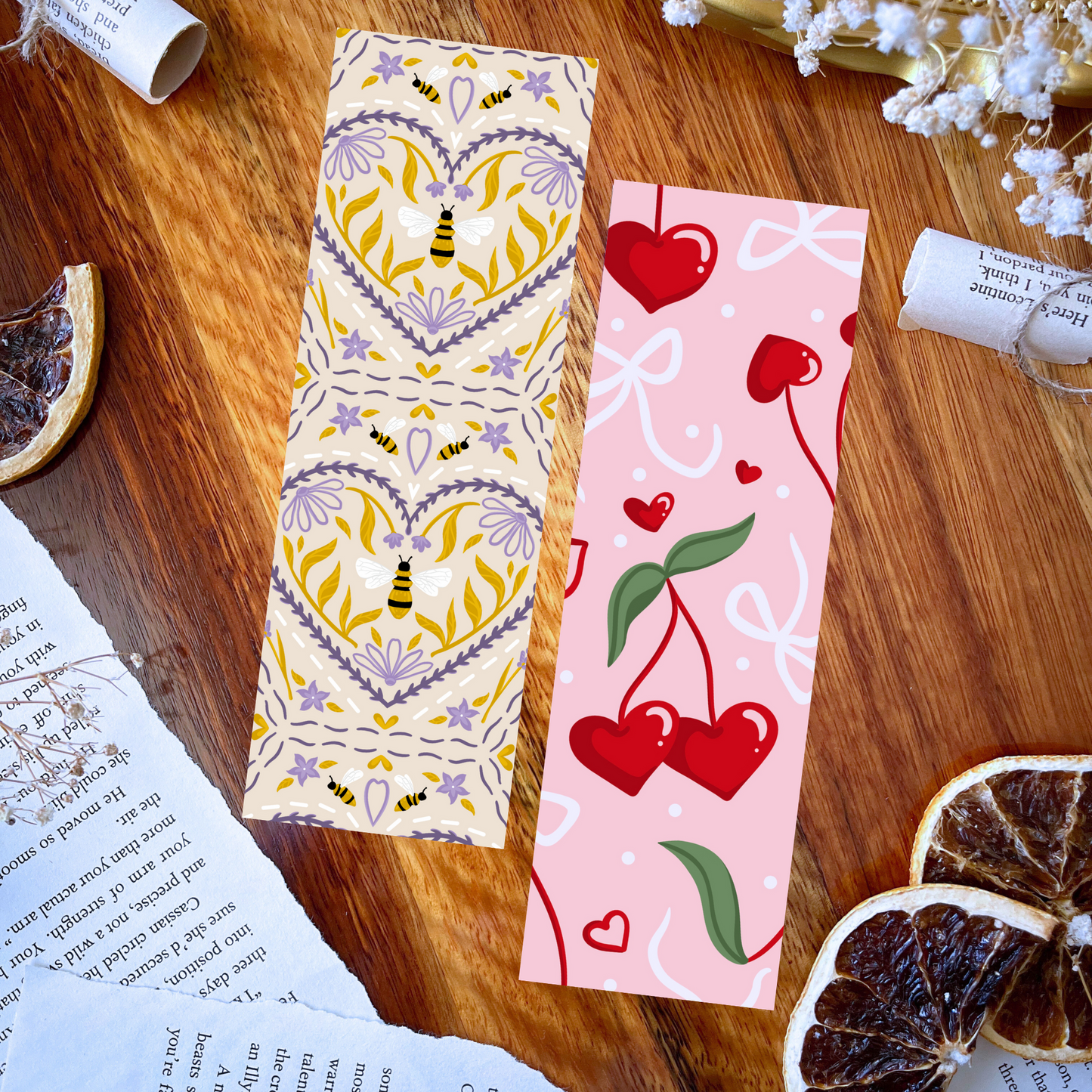 Bee Mine-Cherry Hearts double-sided bookmark