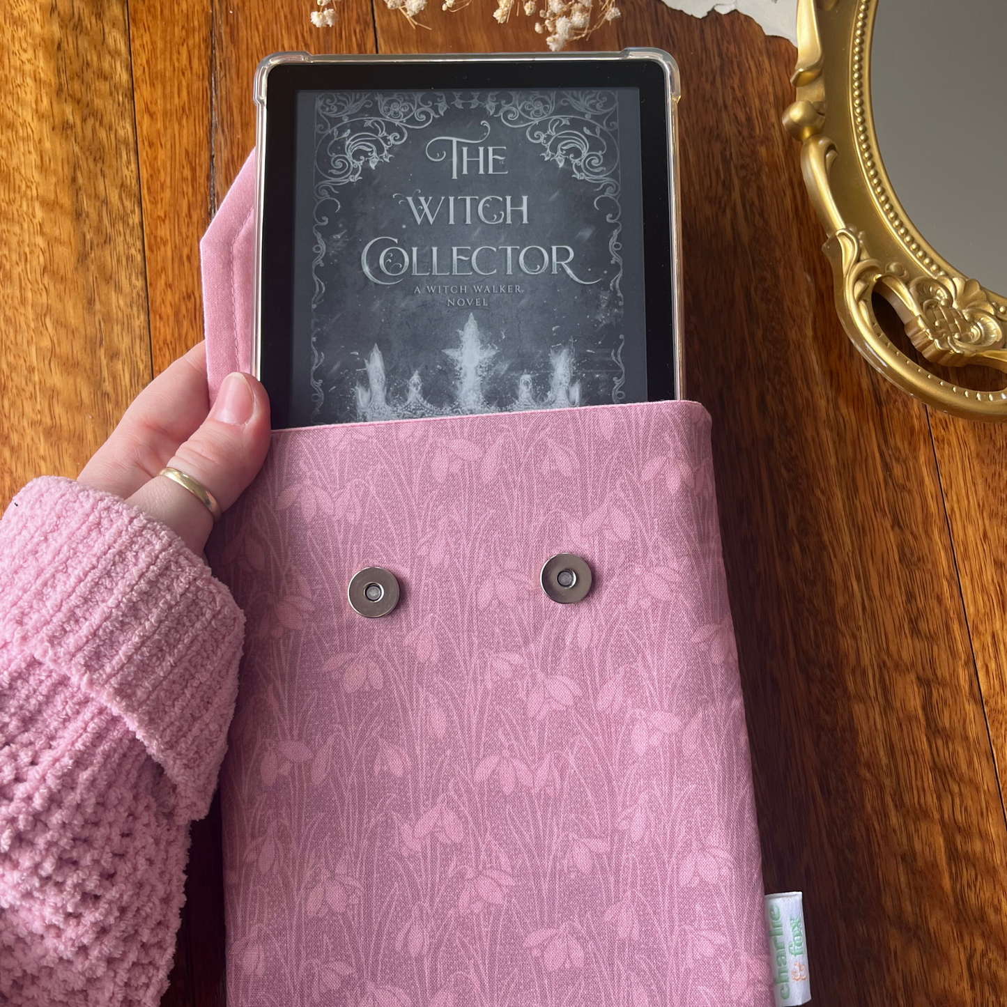 Snowdrops in Dusty Rose padded e-reader sleeve (limited edition)