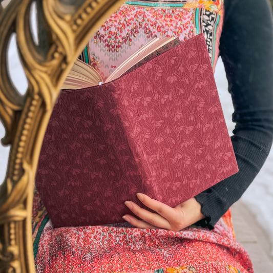 Snowdrops in Berry Red fabric dust jacket